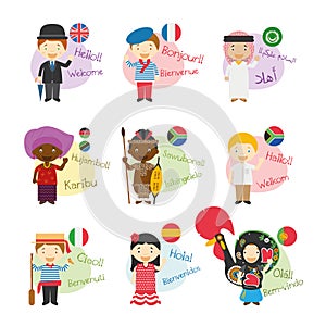 Set of cartoon characters saying hello and welcome in 9 languages spoken in Africa photo
