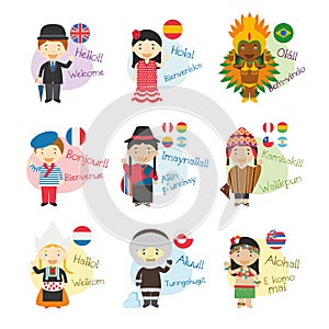 Set of cartoon characters saying hello and welcome in 9 languages spoken in America photo