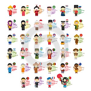 Set of cartoon characters saying hello and welcome in 34 languages spoken in Asia and Oceania photo