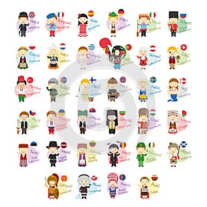 Set of cartoon characters saying hello and welcome in 34 languages spoken in Europe photo