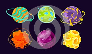 Vector illustration set of cartoon planets, Space, asteroid, colorful fantastic world icons.