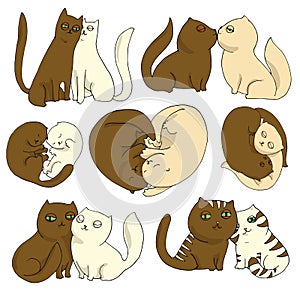 Vector illustration set of cats in love saint valentine`s days, flat icons. Cartoon in brown and cream colours isolated on white