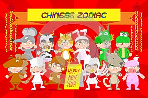 Vector illustration set characters of kid in Chinese zodiac animal doll icons