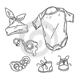 Vector illustration, a set of children s items for a baby in handdraw doodle style.