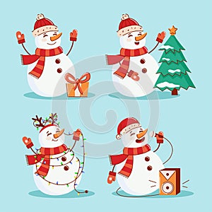 Vector illustration of a set of Christmas snowmen in a hat and scarf. The concept of New Year