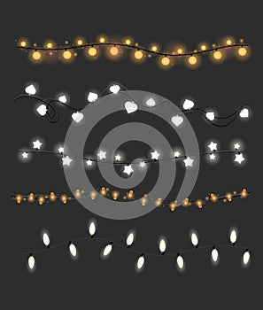 Vector illustration set of Christmas white and yellow lights on dark grey background. Collection of decorative garlands.