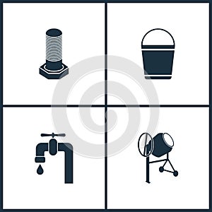Vector Illustration Set Cinema Icons. Elements of Bolt, Bucket, Water tap and Concrete mixer icon