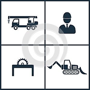 Vector Illustration Set Cinema Icons. Elements of Crane, Builder, Saw and Loader icon