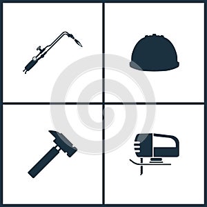 Vector Illustration Set Cinema Icons. Elements of Tools for cutting metal and heating products, Hardhat , Hammer and Fretsaw icon