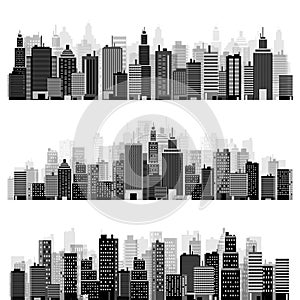 Vector illustration. Set of city silhouettes. Cityscape. Town skyline. Panorama. Midtown houses skyscrapers. EPS10