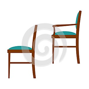 Vector illustration of set of classic design wooden chairs with soft upholstered fabric seat backrest wooden frame. Side view