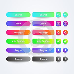 Vector illustration set of clean colorful web app buttons with symbols, text and cool gradient color in different sizes