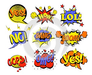 Vector illustration set of comic text, Pop Art style popular words yes, no, lol and oops. Omg, wow and other bright