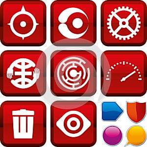 Set of concept icons on square buttons. Geometric style.