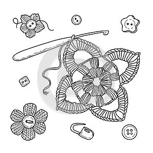 Vector illustration Set of crochet elements in doodle hand drawing style.