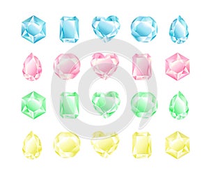 Vector illustration set of crystals different shapes and colors, diamonds collection, pastel colors.