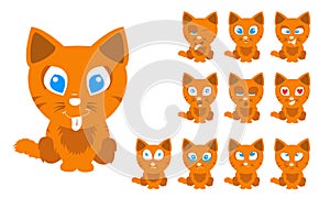 Vector illustration set of cute and funny cartoon little orange cat with facial Expressions