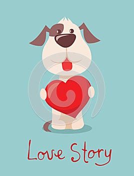 Vector illustration set of cute and funny cartoon little Valentine dogs-pupies in love with heart, rose, wings and