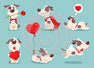 Vector illustration set of cute and funny cartoon little Valentine dogs-pupies in love with heart, rose, wings and