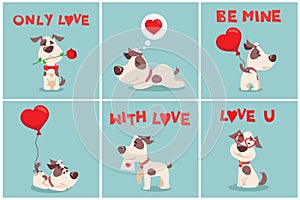 Vector illustration set of cute and funny cartoon little Valentine dogs-pupies in love with heart, rose, wings and