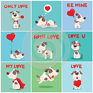 Vector illustration set of cute and funny cartoon little Valentine dogs-pupies in love with heart, rose, wings and