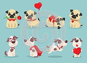 Vector illustration set of cute and funny cartoon little Valentine dogs-pupies in love with heart, rose, wings and