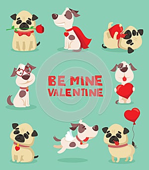 Vector illustration set of cute and funny cartoon little Valentine dogs-pupies in love with heart, rose, wings and