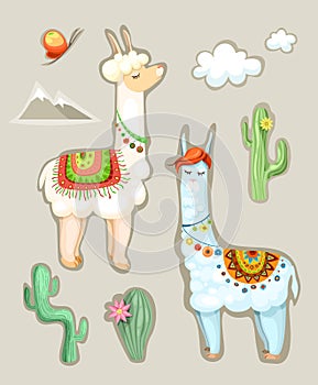Vector illustration set with a cute lamas