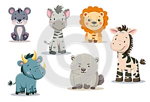 Vector illustration set of cute lion, giraffe and animals in nature