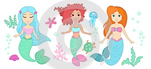 Vector illustration set of cute mermaids with different hair colors, aquatic nature, corrals, seashells, jellyfish and
