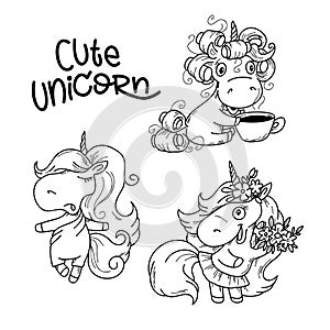 Vector illustration Set of cute pony unicorn in doodle hand drawing style.