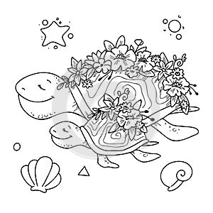 Vector illustration Set of cute turtle with baby in doodle hand drawing style.