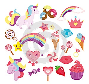 Vector illustration set of cute unicorns, star, rainbow and elements for your design in flat style.