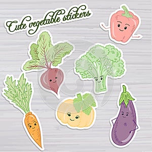 Vector illustration of set of cute vegetable stickers: beet, carrot, broccoli, pumpkin, pepper and eggplant on wooden backdrop