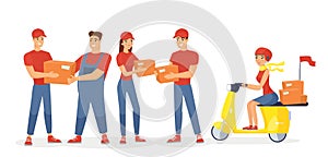 Vector illustration set of delivery man, delivery service flat cartoon characters. Couriers, delivery man order, parcel