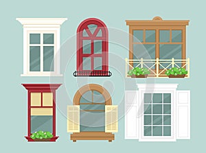 Vector illustration set of detailed various colorful windows with flowers, decorations and window sills, curtains. Flat