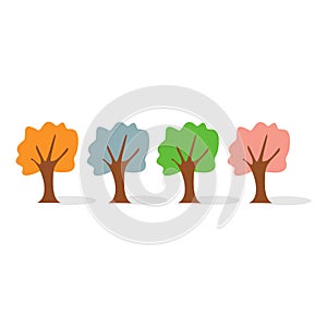 Vector illustration. Set of different colored flat design trees isolated on white background. four season