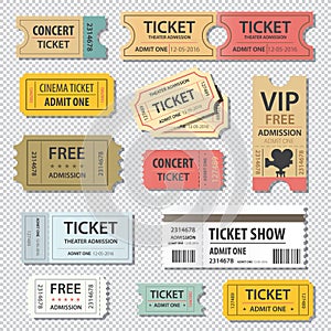 Vector illustration set of different movie show ticket