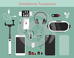 Vector illustration set of different phone accessories on green background. Smartphone with power bank, charger and