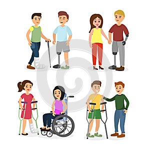 Vector illustration set of disabled people with friends helping them in different situations, happy smiley friends in