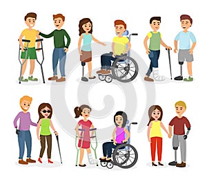 Vector illustration set of disabled people and friends helping them, talking, walking and smiling happy people in