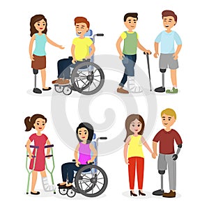 Vector illustration set of disabled people and handicapped with friends helping them, flat cartoon style.