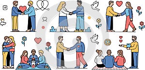 Vector illustration set of diverse people interacting