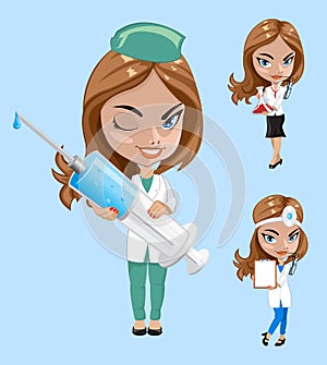 Vector illustration. Set of doctors or nurse in different poses.