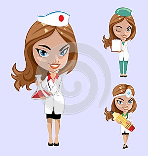 Vector illustration. Set of doctors or nurse in different poses.