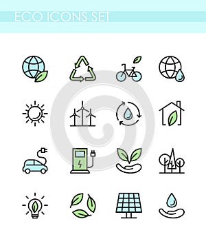 Vector illustration set of eco icons. Ecology concept, green technology, organic, healthy lifestyle, alternative energy