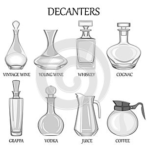 Vector illustration of set of eight decanters of various drinks. photo