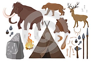 Vector illustration of set of elements of stone age people life. Primitive man lifestyle, anicent animals. Ice age