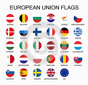 Vector illustration set of European Union countries flags on white background. EU members flags.