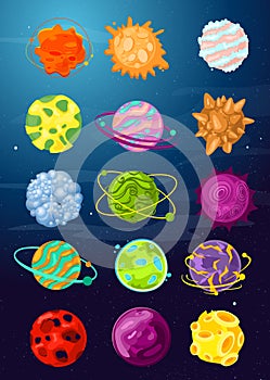 Vector illustration set of fantastic cartoon planets, asteroids, space objects in bright colors flat style.